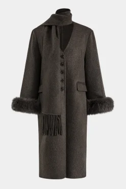 MICAS Outerwear|Outerwear-Faux Fur Button Pocket Long-Sleeve Coat With Scarf BROWN
