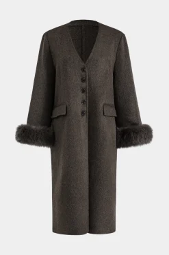 MICAS Outerwear|Outerwear-Faux Fur Button Pocket Long-Sleeve Coat With Scarf BROWN