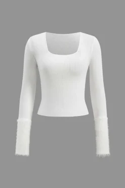 MICAS Long Sleeve Tops|Long Sleeves Tops-Faux Fur Patchwork Long-Sleeve Top WHITE
