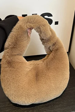 MICAS Bags|Accessories-Faux Fur Plush Clutch Bag KHAKI