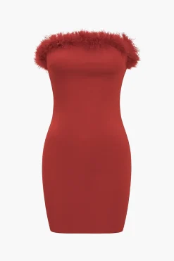 MICAS Mini Dresses-Faux Fur Strapless Mini Dress RED
