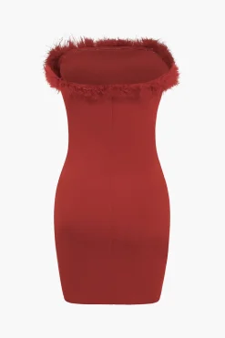 MICAS Mini Dresses-Faux Fur Strapless Mini Dress RED