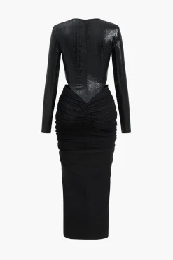 MICAS Long Sleeve Dresses|Maxi Dresses-Faux Leather Patchwork Long Sleeve Maxi Dress BLACK