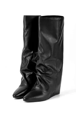 MICAS Shoes|Boots-Faux Leather Almond Toe Mid Calf Boots BLACK