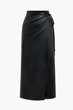 MICAS Skirts-Faux Leather Asymmetrical High Waist Tie-Up Skirt BLACK