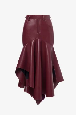 MICAS Skirts-Faux Leather Asymmetrical Skirt BURGUNDY