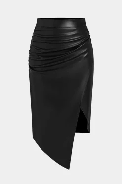 MICAS Skirts-Faux Leather Asymmetrical Ruched Skirt BLACK