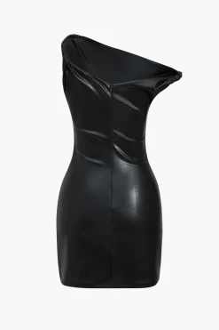 MICAS Mini Dresses-Faux Leather Asymmetrical Twist Knot Zipper Mini Dress BLACK