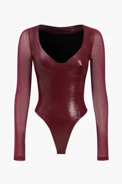MICAS Bodysuits|Corset & Bustier Tops-Faux Leather Bustier Long Sleeve Bodysuit BURGUNDY