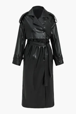 MICAS Outerwear|Outerwear-Faux Leather Button Asymmetrical Belted Coat BLACK