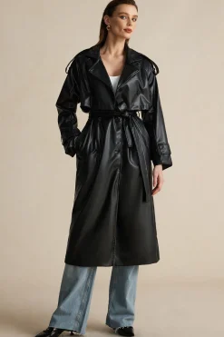 MICAS Outerwear|Outerwear-Faux Leather Button Asymmetrical Belted Coat BLACK