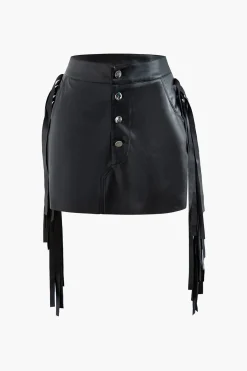 MICAS Skirts-Faux Leather Button Fringe Trim Mini Skirt BLACK