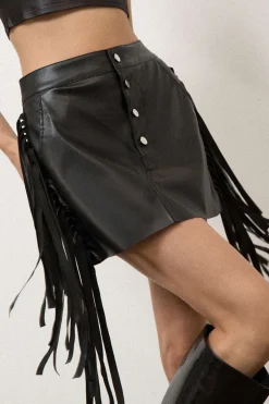 MICAS Skirts-Faux Leather Button Fringe Trim Mini Skirt BLACK