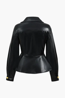 MICAS Outerwear|Outerwear-Faux Leather Button Ruched Jacket BLACK