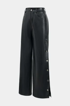 MICAS Pants-Faux Leather Button Wide Leg Trousers BLACK