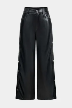 MICAS Pants-Faux Leather Button Wide Leg Trousers BLACK