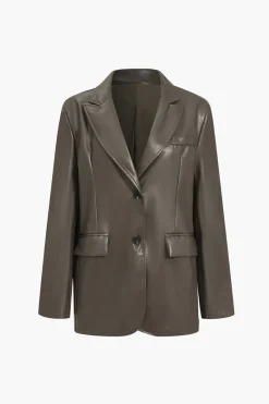 MICAS Outerwear|Outerwear-Faux Leather Buttoned Notched Lapel Blazer BROWN
