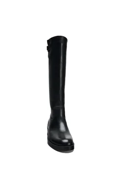 MICAS Shoes|Boots-Faux Leather Chunky Heel Round Toe Mid Calf Boots BLACK