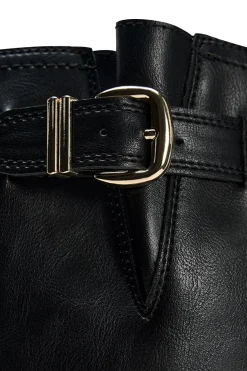 MICAS Shoes|Boots-Faux Leather Chunky Heel Round Toe Mid Calf Boots BLACK