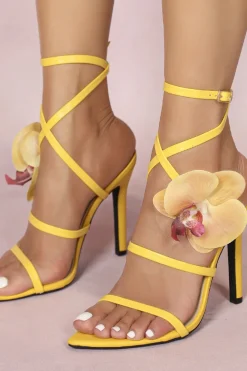 MICAS Shoes|Shoes-Faux Leather 3D Floral Crossed Pointed Heels YELLOW