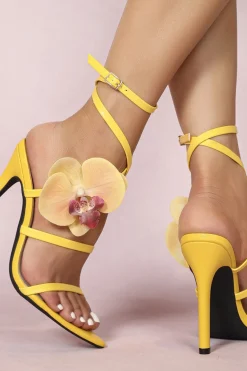 MICAS Shoes|Shoes-Faux Leather 3D Floral Crossed Pointed Heels YELLOW
