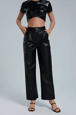 MICAS Pants-Faux Leather Elastic Waistband Straight Leg Pants BLACK