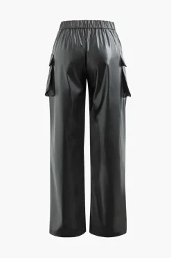 MICAS Cargo Pants|Pants-Faux Leather Flap Pocket Straight Leg Cargo Pants BLACK