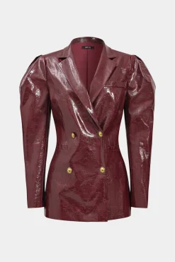 MICAS Outerwear|Blazers-Faux Leather Gigot Sleeve Double Breasted Blazer BURGUNDY
