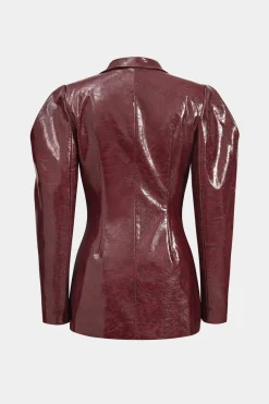 MICAS Outerwear|Blazers-Faux Leather Gigot Sleeve Double Breasted Blazer BURGUNDY