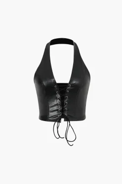MICAS Tank Tops & Cami-Faux Leather Halter Lace-Up Top BLACK