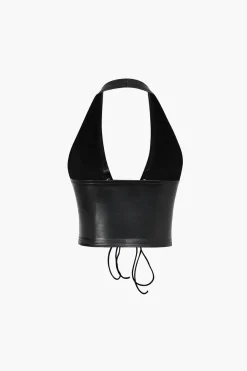 MICAS Tank Tops & Cami-Faux Leather Halter Lace-Up Top BLACK