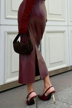 MICAS Skirts-Faux Leather High Waist Slit Skirt BURGUNDY