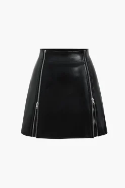 MICAS Skirts-Faux Leather High Waist Zipper Skirt BLACK