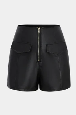 MICAS Shorts-Faux Leather High Waist Zipper Pocket Shorts BLACK