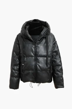 MICAS Outerwear|Outerwear-Faux Leather Hooded Puffer Jacket