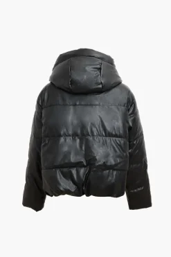 MICAS Outerwear|Outerwear-Faux Leather Hooded Puffer Jacket