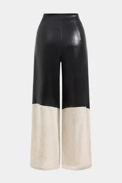 MICAS Pants-Faux Leather Linen High Waist Patchwork Trousers BLACK