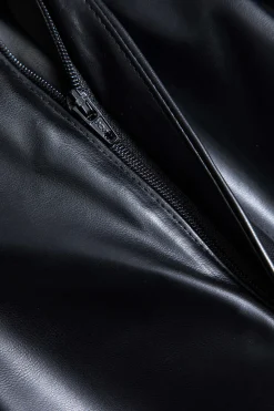 MICAS Pants-Faux Leather Linen High Waist Patchwork Trousers BLACK