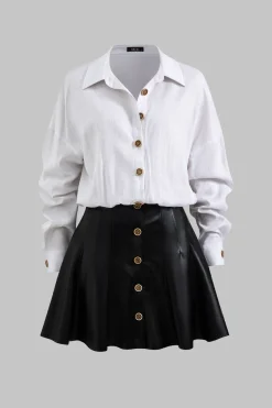 MICAS Long Sleeve Dresses|Mini Dresses-Faux Leather Linen Patchwork Button Long Sleeve Mini Dress WHITE