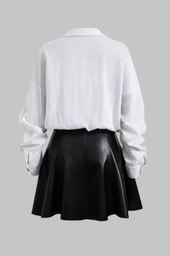 MICAS Long Sleeve Dresses|Mini Dresses-Faux Leather Linen Patchwork Button Long Sleeve Mini Dress WHITE