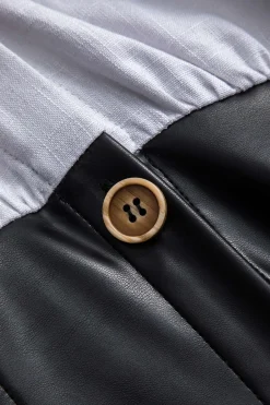 MICAS Long Sleeve Dresses|Mini Dresses-Faux Leather Linen Patchwork Button Long Sleeve Mini Dress WHITE