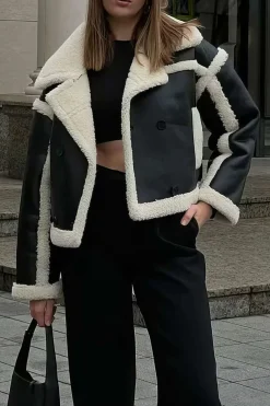 MICAS Outerwear|Outerwear-Faux Leather Long Sleeve Collar Jacket BLACK