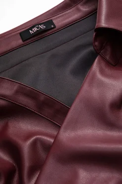 MICAS Outerwear|Outerwear-Faux Leather Metallic Asymmetrical Neck Long Sleeve Jacket BURGUNDY