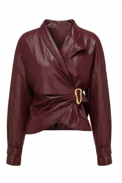 MICAS Outerwear|Outerwear-Faux Leather Metallic Buckle Jacket BURGUNDY