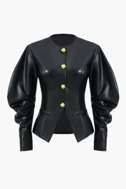 MICAS Outerwear|Outerwear-Faux Leather Metallic Button Jacket