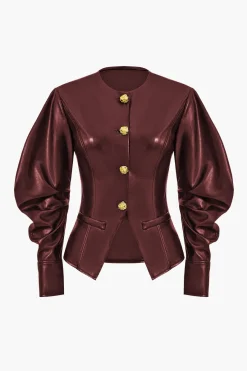 MICAS Outerwear|Outerwear-Faux Leather Metallic Button Jacket