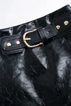 MICAS Skirts-Faux Leather Metallic Patchwork Mini Skirt BLACK