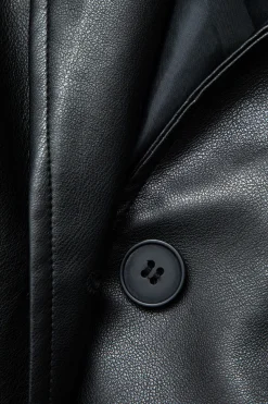 MICAS Outerwear|Outerwear-Faux Leather Notched Lapel Belted Trench Coat BLACK