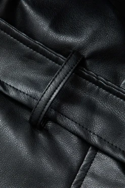 MICAS Outerwear|Outerwear-Faux Leather Notched Lapel Belted Trench Coat BLACK