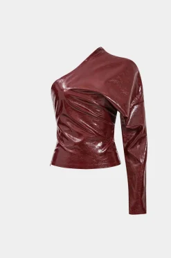 MICAS Long Sleeve Tops|Long Sleeves Tops-Faux Leather One Shoulder Asymmetrical Long-Sleeve Shirt BURGUNDY